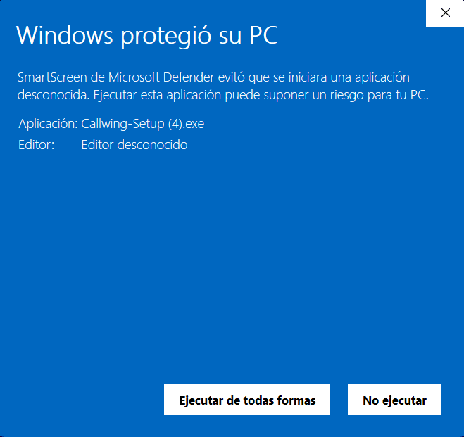SmartScreen expandido mostrando el archivo 'Callwing-Setup.exe' y el botón 'Ejecutar de todas formas'
