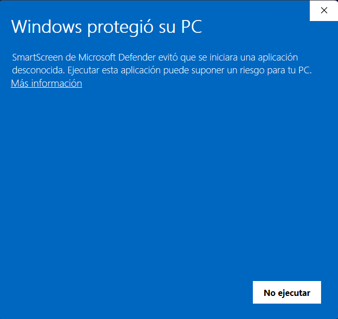 SmartScreen de Microsoft Defender mostrando 'Windows protegió su PC' con el link 'Más información' visible